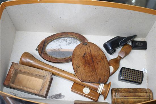 A collection of assorted early 19th century and later treen snuff boxes, four papier mache snuff boxes, a wall